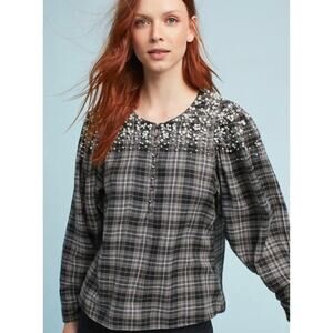 Akemi + kin beaded gray and black check plaid flannel top. Small.